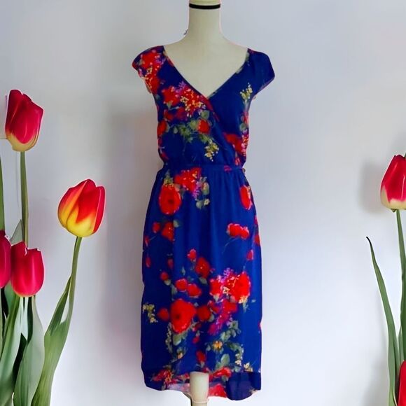 SKIES ARE BLUE NWT DRESS FLORAL PRINT WRAP RUFFLED SPAGHETTI STRAPS SMALL COBALT - Picture 2 of 13